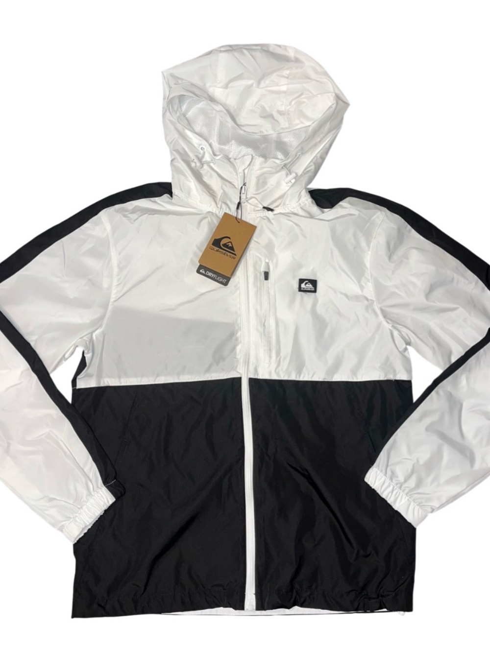 Quiksilver Black White Zip Dryflight Hood Packable Jacket Windbreaker NWT Small